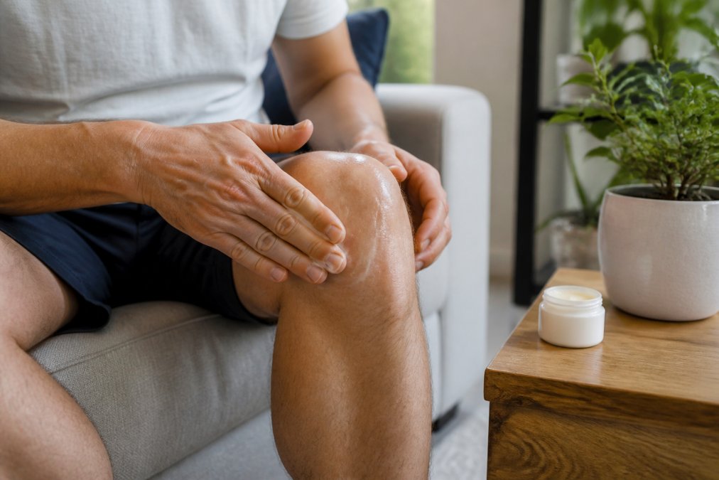 Close-up of a person's hands gently massaging a CBD topical cream into their knee joint while sitting on a couch at home, with a small jar of topical nearby