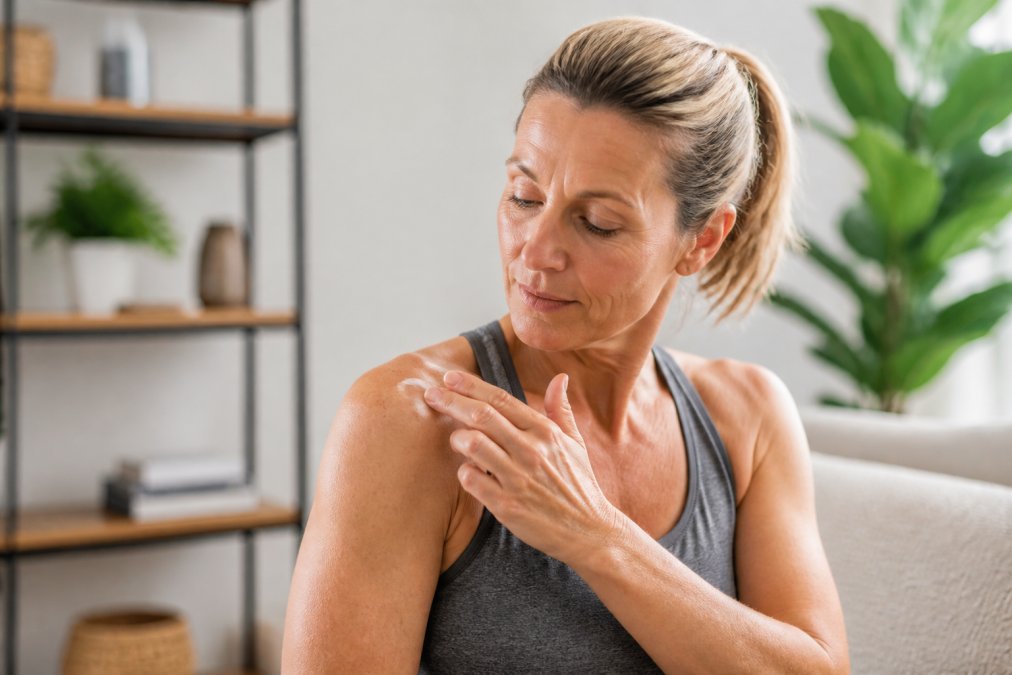 Person applying soothing CBD topicals to their sore shoulder in a bright home setting