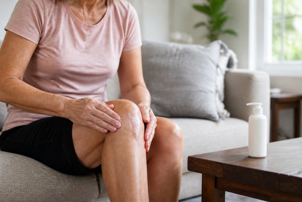 A person applying CBD lotion to their knee joint, sitting on a couch in a bright living room, with the lotion bottle visible on a side table