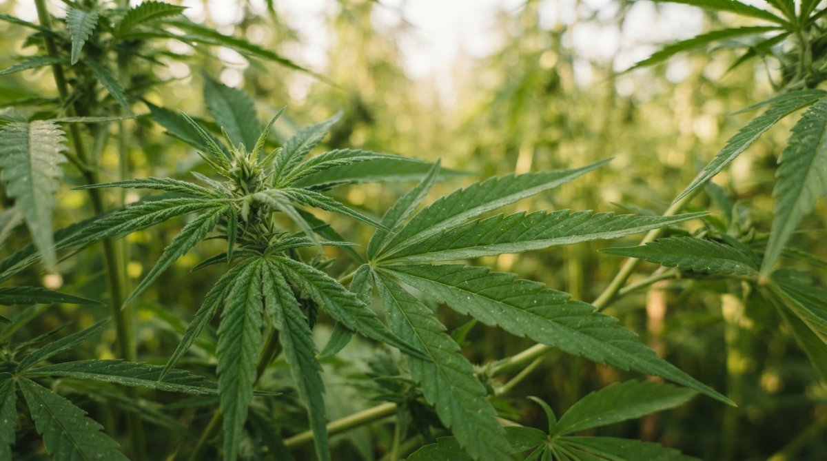 Close-up of a person holding a CBD oil tincture bottle with fresh hemp leaves in soft natural lighting, placed on a wooden surface