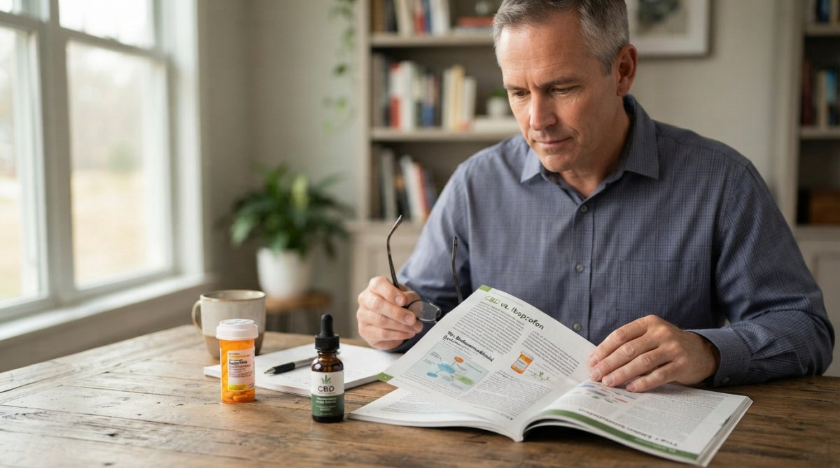 Professional illustration showing Person, CBD for cbd vs ibuprofen
