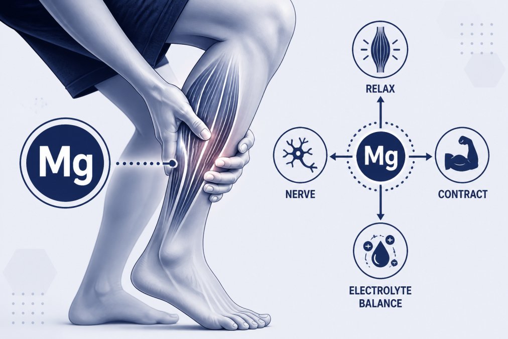 Close-up of a person's leg experiencing muscle tension during a cramp, hands gripping the calf muscle, showing visible muscle contraction with warm natural lighting