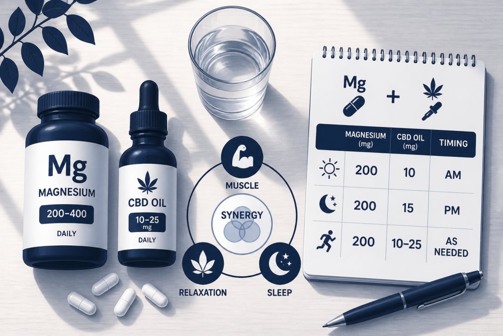 Flat lay arrangement showing magnesium supplement capsules, CBD oil bottle, glass of water, notebook, and pen on light wooden surface with natural window lighting