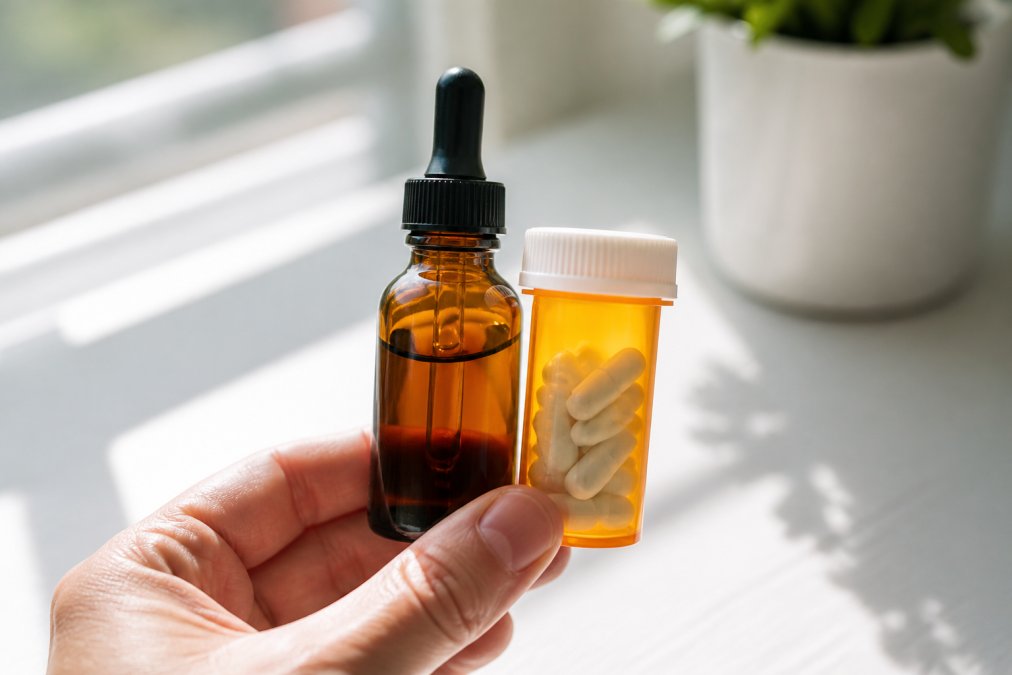 Close-up of a hand holding a CBD oil bottle and a prescription medication bottle positioned side by side on a clean white surface with soft natural morning light streaming across them