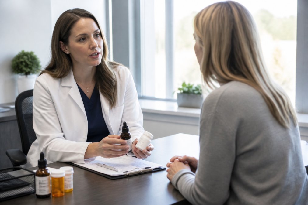 Healthcare professional in white coat discussing treatment options with a patient seated at a clinical desk, medical documents and medication bottles visible, natural window light in background