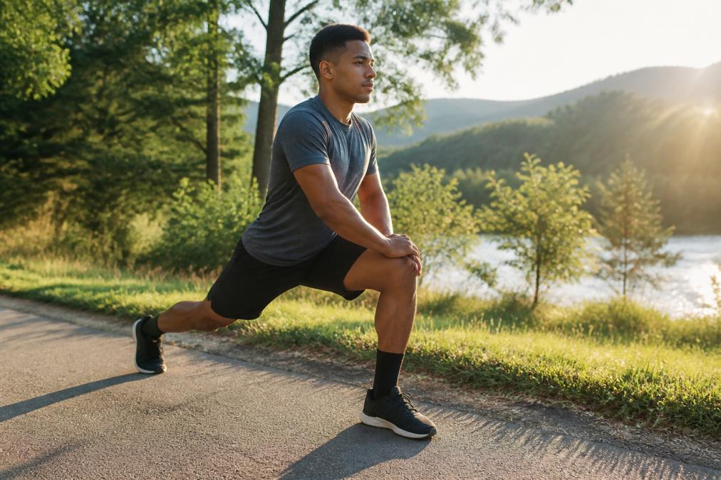 Athlete performing post-workout stretching outdoors in morning sunlight with trees and natural landscape in background, demonstrating active recovery and restoration
