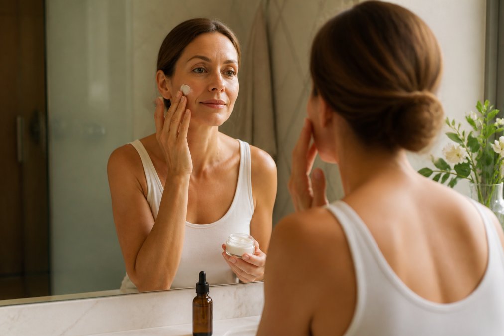 Woman in her 40s applying skincare cream at a vanity to compare CBD vs retinol anti-aging routines