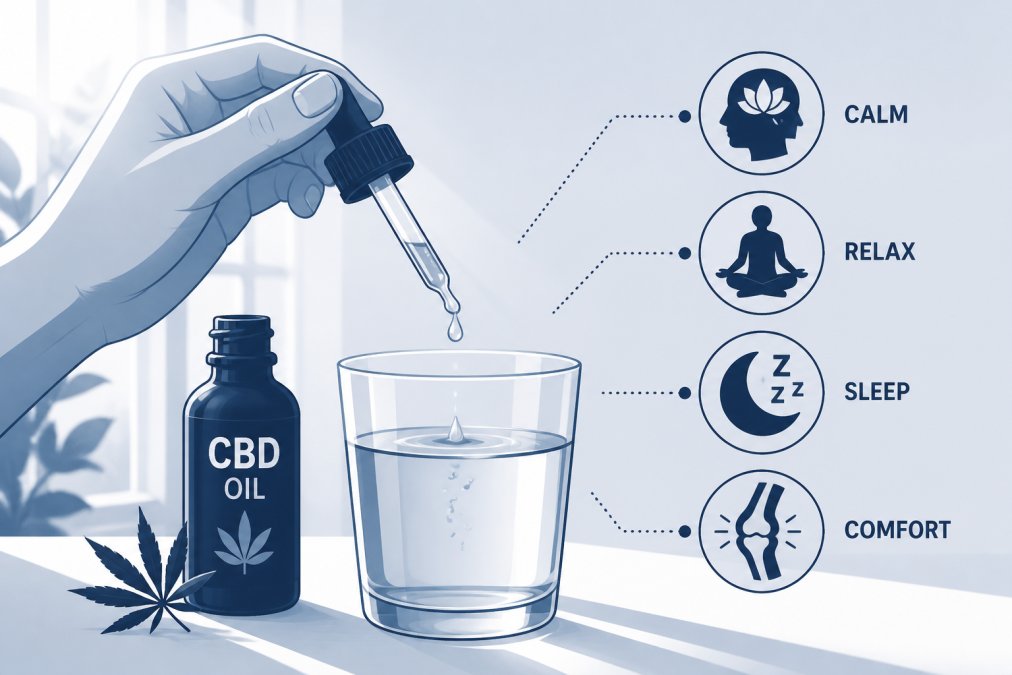 Close-up of a person's hand holding a CBD oil dropper positioned over a glass of water, showing the application in natural morning sunlight from a window