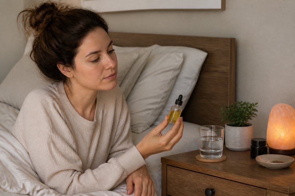 A person in a peaceful bedroom setting with soft natural lighting, holding a CBD product near a nightstand with a glass of water and wellness items, suggesting a calm evening routine