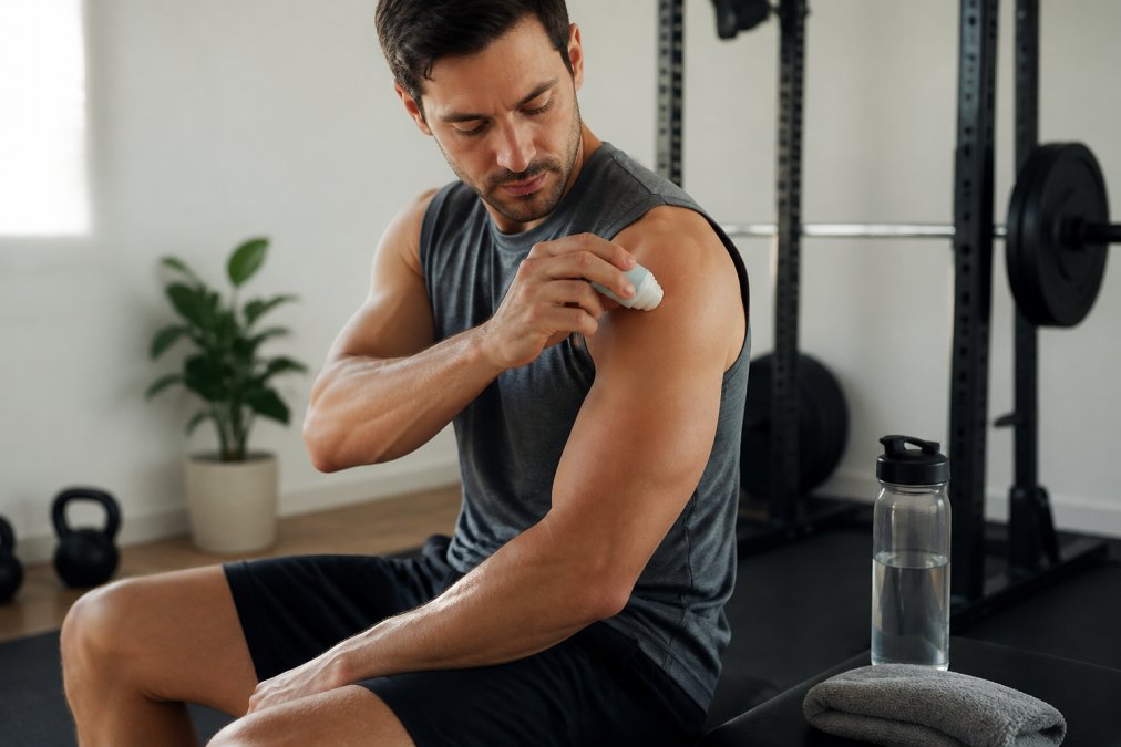 Active adult applying a CBD topical stick to a sore shoulder after a workout, illustrating CBD vs THC recovery.