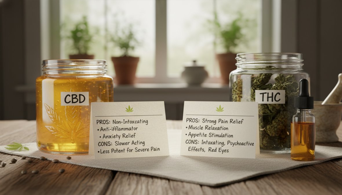 Close-up of two amber glass dropper bottles labeled CBD and THC placed side by side on a clean white surface with soft natural lighting