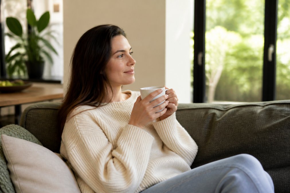 Person sitting peacefully in a comfortable home environment with natural light, holding a warm beverage, representing the calm non-intoxicating state associated with CBD use