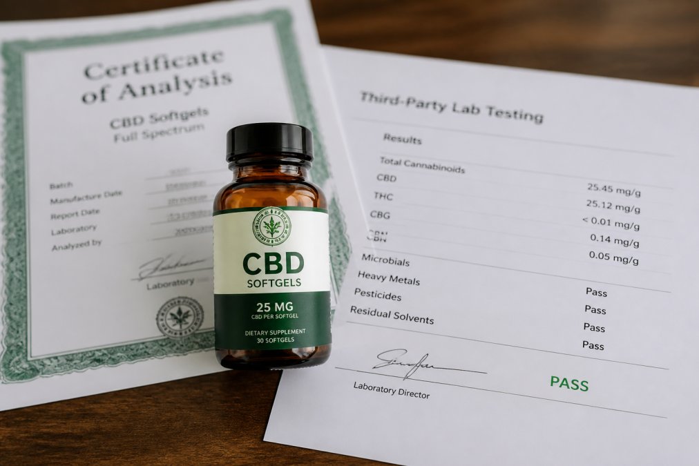 Close-up of a CBD product bottle displaying a third-party lab testing certificate and Certificate of Analysis label, showing purity verification details and quality assurance information