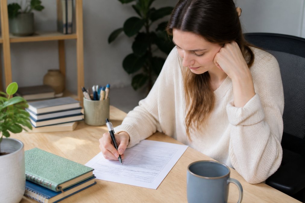 Person sitting at a desk filling out a CBT worksheet to manage overthinking social interactions in a calm office.