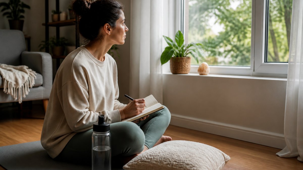 Person sitting peacefully in a calm home environment with a journal and water bottle, practicing a morning CBT routine with natural light from a window