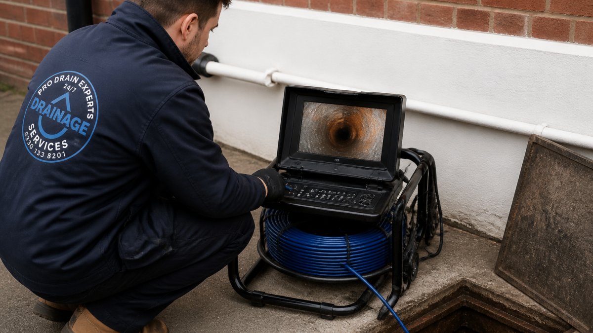 Professional drainage technician operating CCTV camera equipment next to an open drain access point, with monitor showing live drain pipe footage