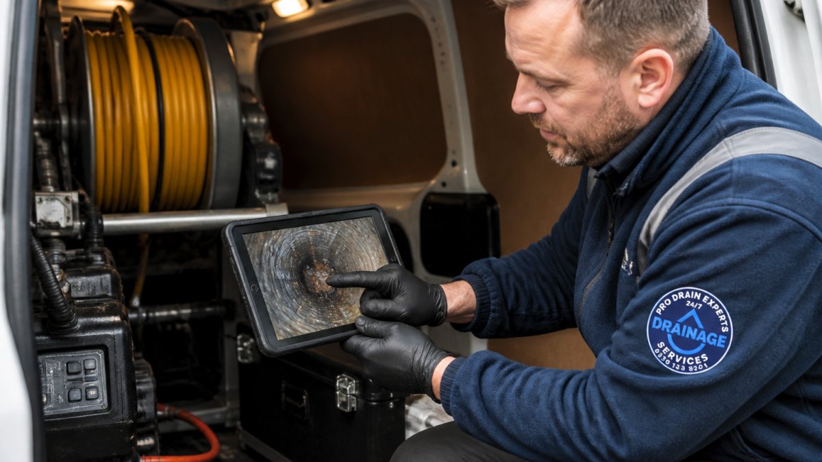 Professional drainage technician holding a tablet displaying live CCTV footage of the interior of a drain pipe, pointing to a specific blockage area on the screen with a defect clearly visible, in a modern service van with equipment visible in background