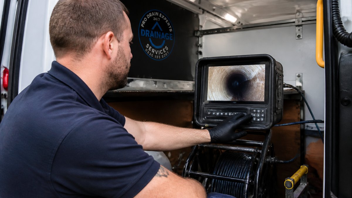 Professional drainage specialist operating CCTV camera equipment with live monitor display showing inside of drain pipe, modern van interior with technical equipment