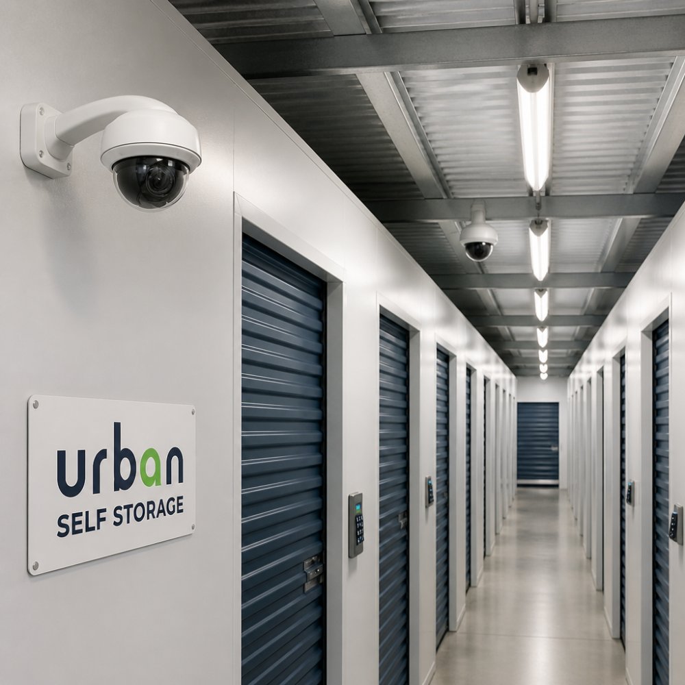 Modern self-storage facility with high-definition CCTV cameras that help reduce cctv storage insurance premiums.