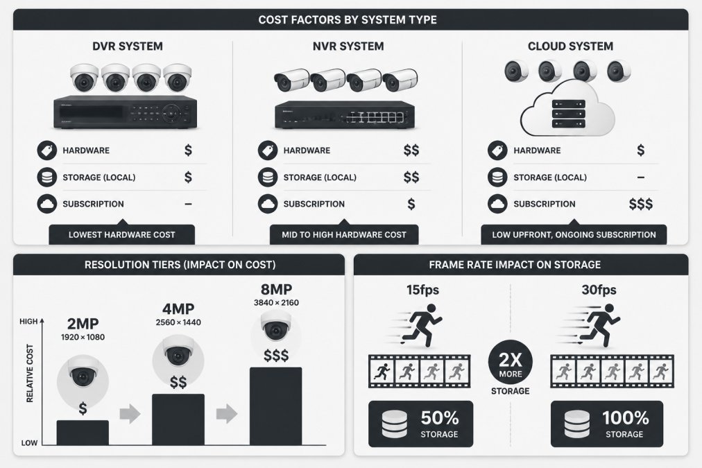 Bar chart comparing cost factors by system type: DVR lowest hardware, NVR mid-to-high, cloud low upfront with ongoing subscription; resolution tiers 2MP, 4MP and 8MP rising left to right; frame rate 15fps vs 30fps impact on storage