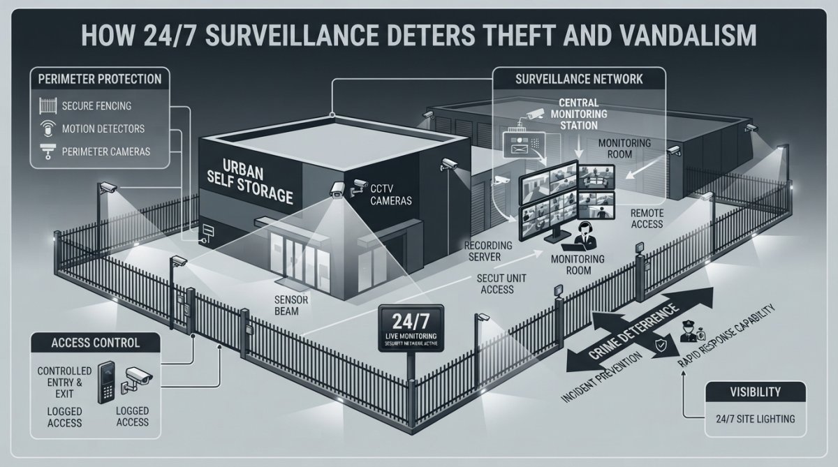 Security features diagram for cctv monitored storage unit benefits