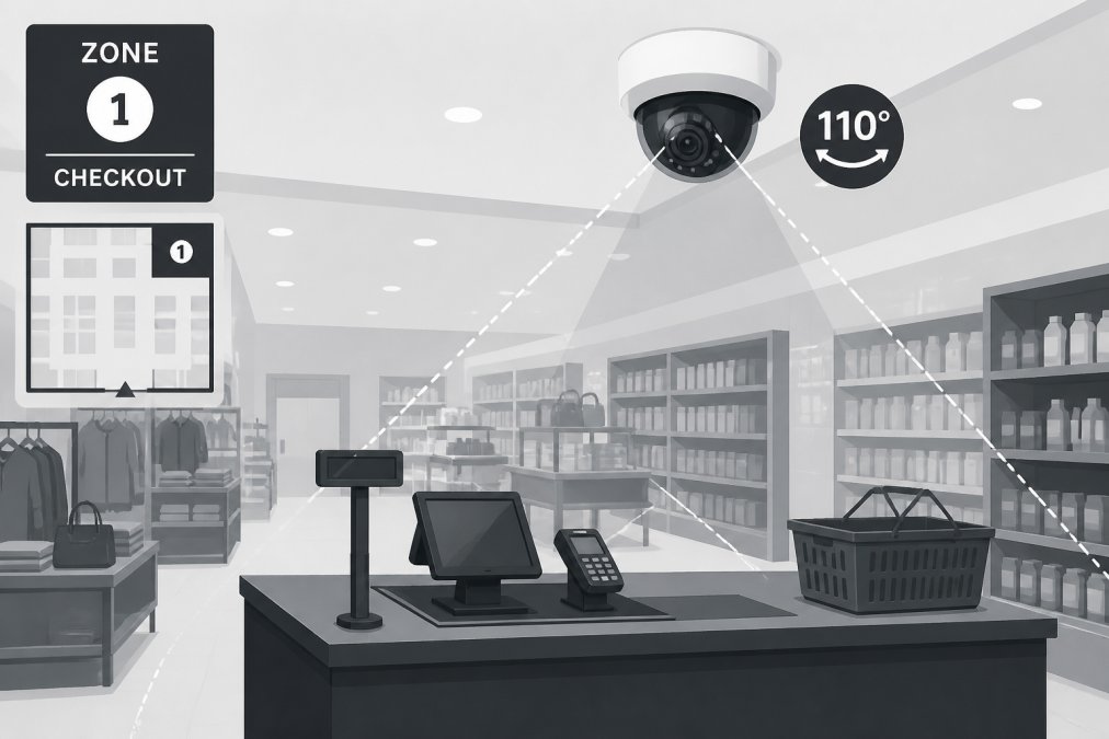 Wide-angle interior shot of a modern retail store showing a dome security camera mounted near the ceiling above a checkout counter, with product shelving aisles visible in the background under bright LED lighting