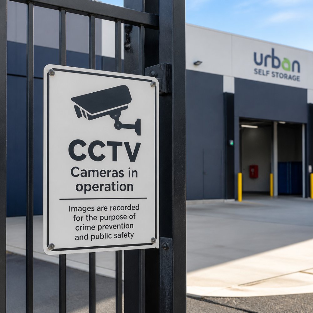 Professional CCTV warning sign posted prominently at the entrance of a modern self-storage facility, showing clear text and professional placement in daylight