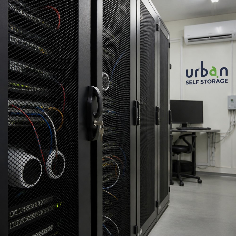 Locked server cabinet in a climate-controlled facility storing CCTV storage footage securely.