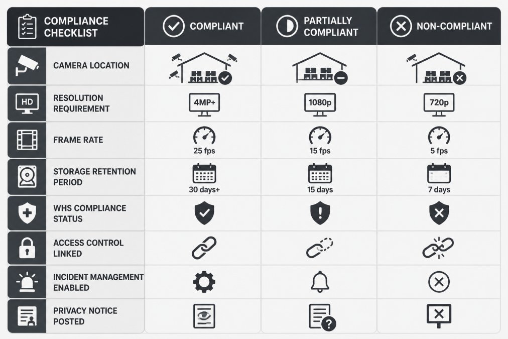 Compliance checklist matrix showing: Camera location, Resolution requirement, Frame rate, Storage retention period, WHS compliance status, Access control linked, Incident management enabled, Privacy notice posted