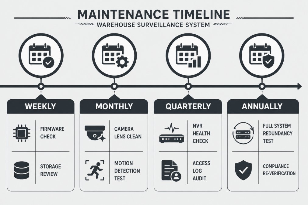 Maintenance timeline showing: Weekly (firmware check, storage review), Monthly (camera lens clean, motion detection test), Quarterly (NVR health check, access log audit), Annually (full system redundancy test, compliance re-verification)