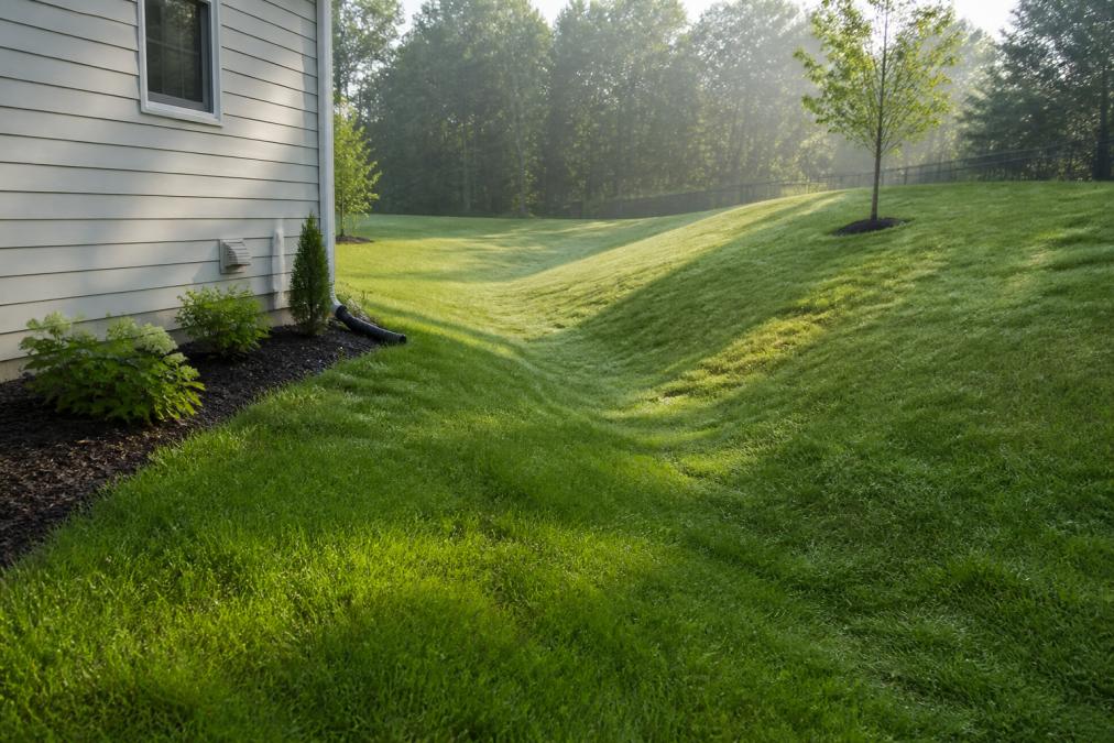 A residential backyard with a shallow grassy swale curving away from a home's foundation, morning light showing the downward slope of the lawn