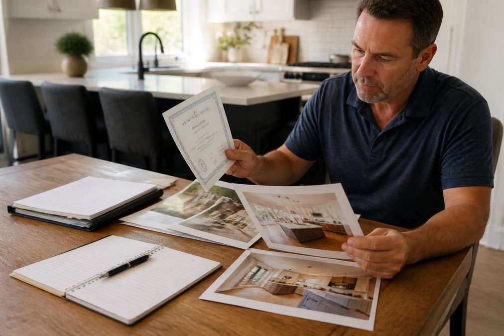 Homeowner reviewing contractor portfolio and license documents at a kitchen table with a notebook and pen, examining construction photos and credentials under natural daylight