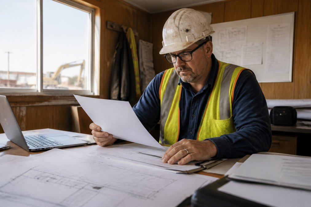 Construction project manager in hard hat reviewing contract documents at a job site trailer desk, blueprints spread across the table, laptop open, natural afternoon light through window