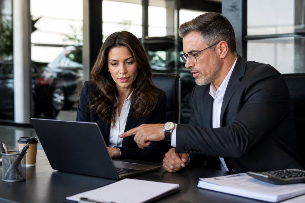 Dealership manager and auditor reviewing financial reports on a laptop during dealership auditing