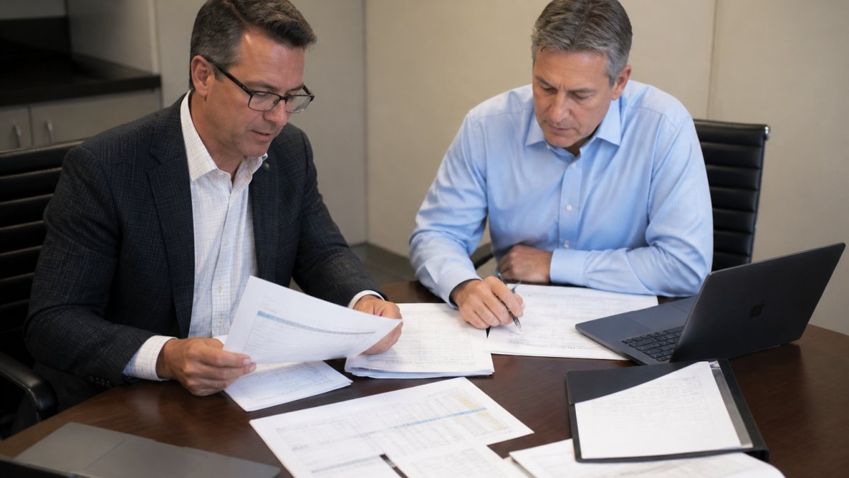 Dealership general manager and finance director reviewing contract documents and financial spreadsheets at conference table with laptops and multiple vendor invoices