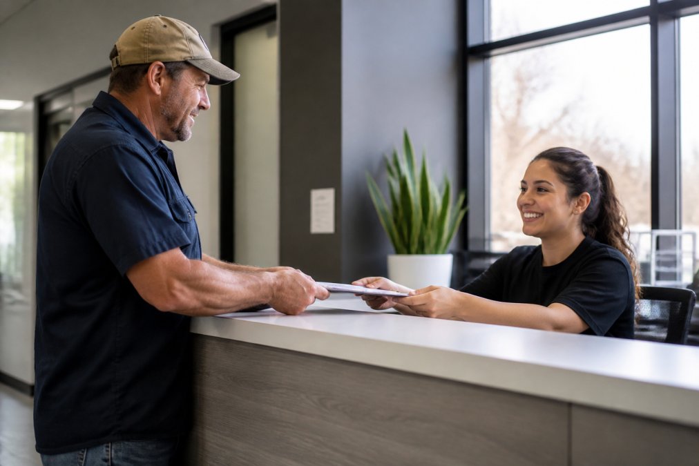 Truck driver checking in at a clinic reception for an RTD testing comparison appointment