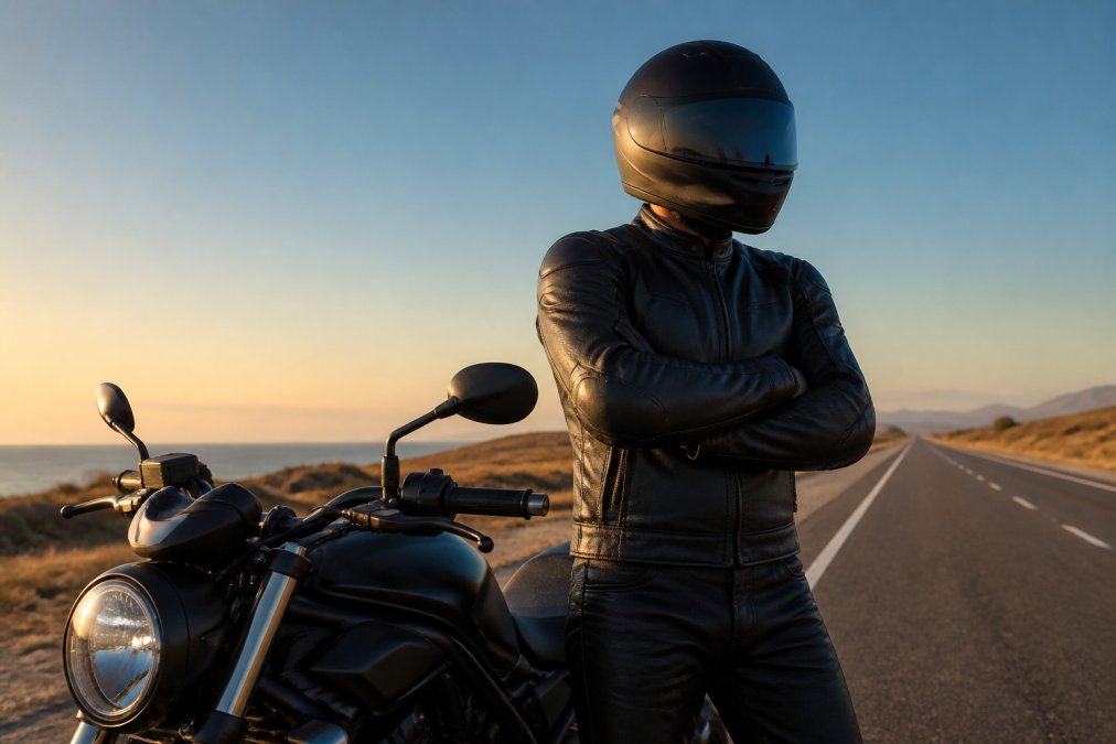 A motorcyclist in a full black leather CE-rated jacket and helmet standing beside a motorcycle on an open highway at golden hour, looking confident and ready to ride