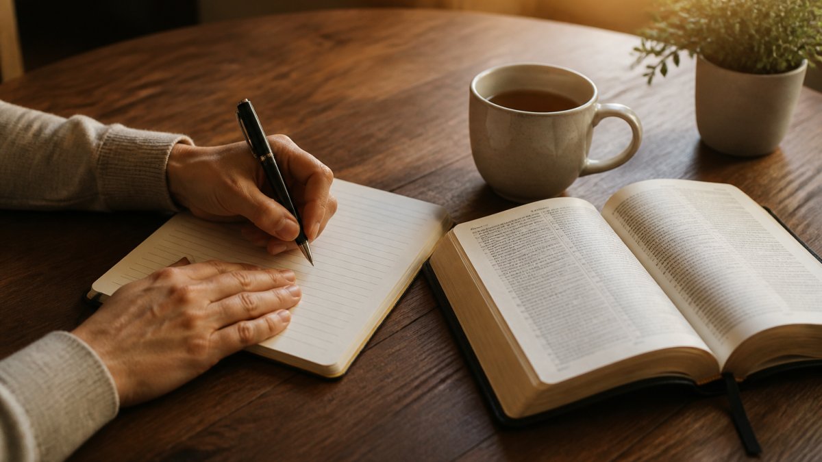 Mâini scriind într-un jurnal creștin pe o masă de lemn, lângă o Biblie deschisă și o cană cu ceai cald.