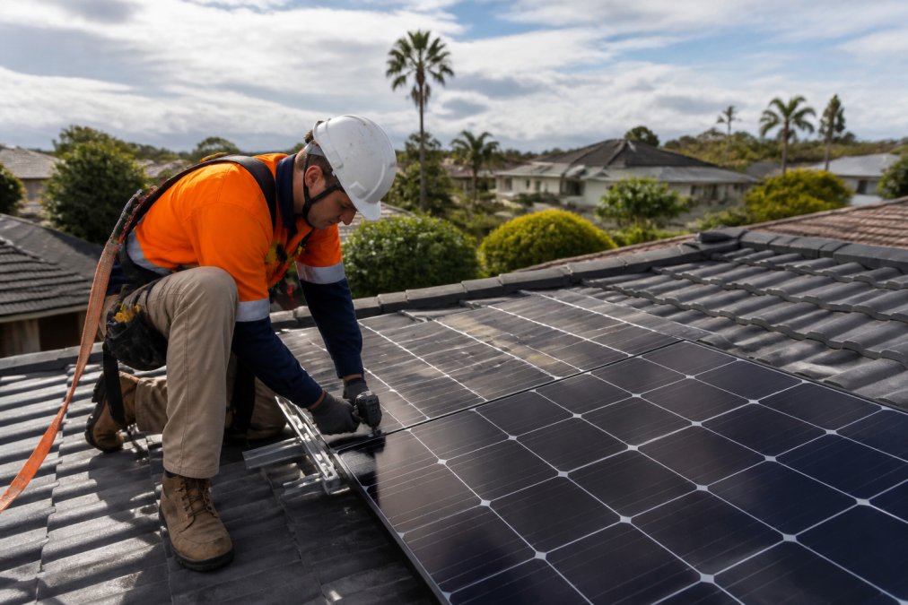 Professional solar installer wearing safety harness and high-visibility gear performing rooftop inspection and installation work on residential home, with safety equipment and tools visible