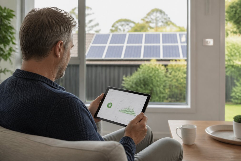 Homeowner indoors reviewing solar system performance data on tablet screen with solar panels visible through window in background, natural daylight