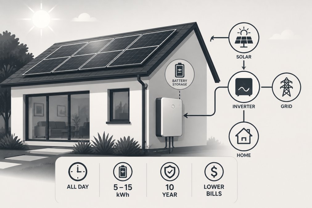 Homeowner standing in front of residential home with visible solar panel array on roof and battery storage unit mounted on external wall in afternoon sunlight, showing complete residential renewable energy system installation
