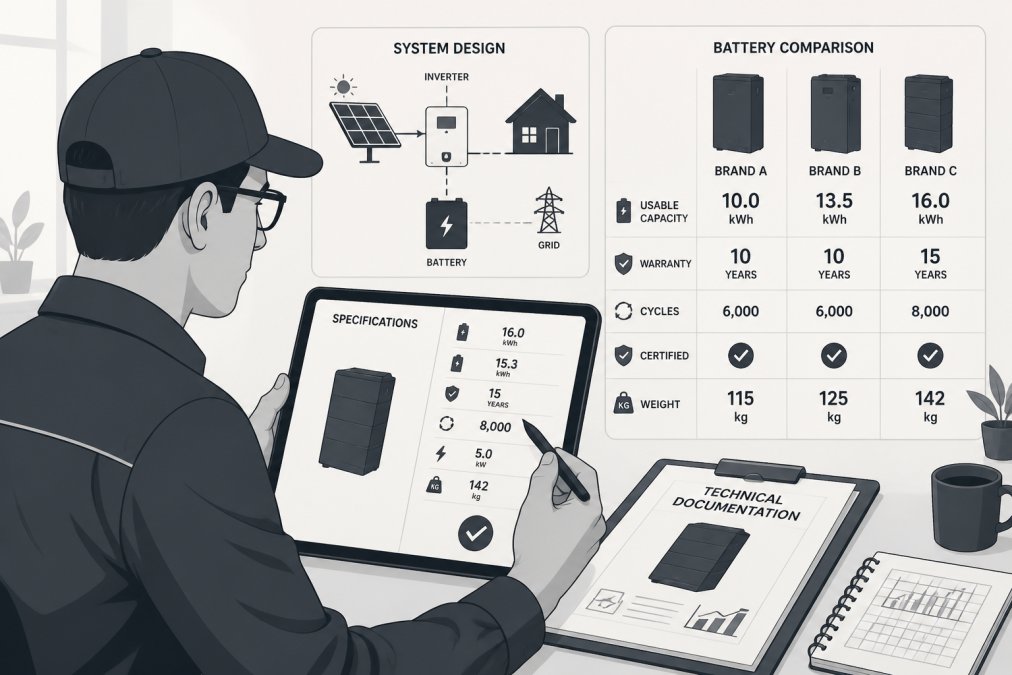 Technician in professional attire reviewing battery specifications and technical documentation on tablet, with system design diagrams and product comparison sheets visible on screen in bright office setting
