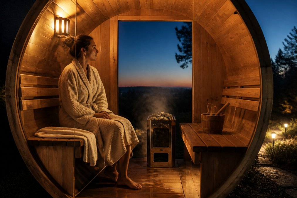 Person in a robe relaxing on a cedar sauna bench with steam rising at dusk