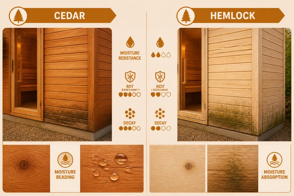 Infographic comparing moisture resistance and wood grain of cedar versus hemlock sauna wall exteriors