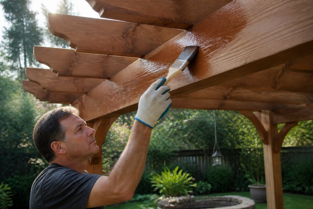 Homeowner applying wood sealer to a cedar pergola beam to ensure long-term pergola durability in a humid backyard.