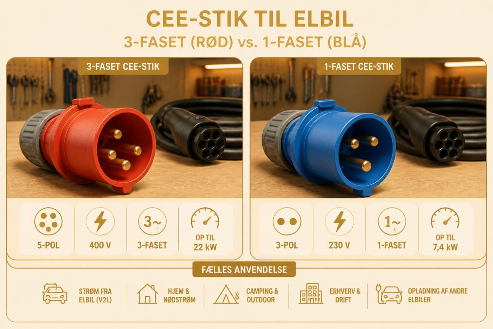 Close-up of a red 3-phase CEE plug and a blue 1-phase CEE plug lying side by side on a wooden workbench, with a coiled Type 2 charging cable in the background under warm workshop lighting
