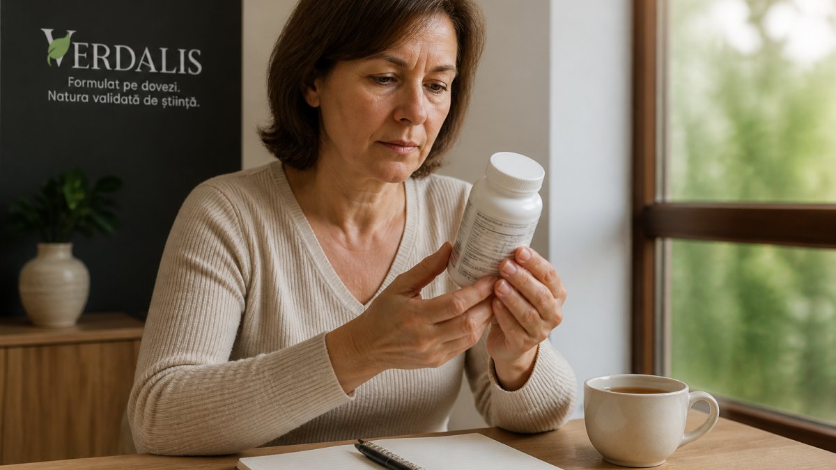 O persoană de vârstă medie, așezată la o masă luminată natural, ține în mână un flacon de suplimente alimentare și citește cu atenție eticheta cu lista de ingrediente și cantități, lângă ea fiind un carnețel și o cană cu ceai