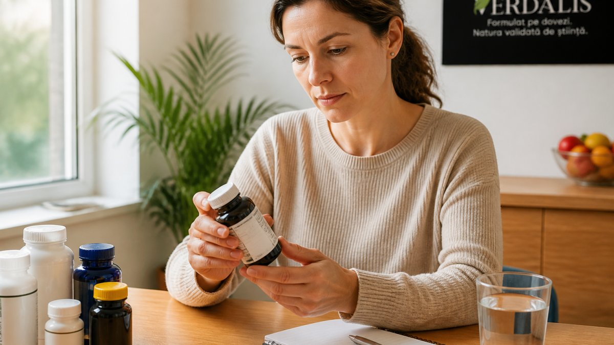 A close-up of a person's hands holding a supplement bottle and reading the label information in a bright, natural home setting, with a notepad and pen nearby