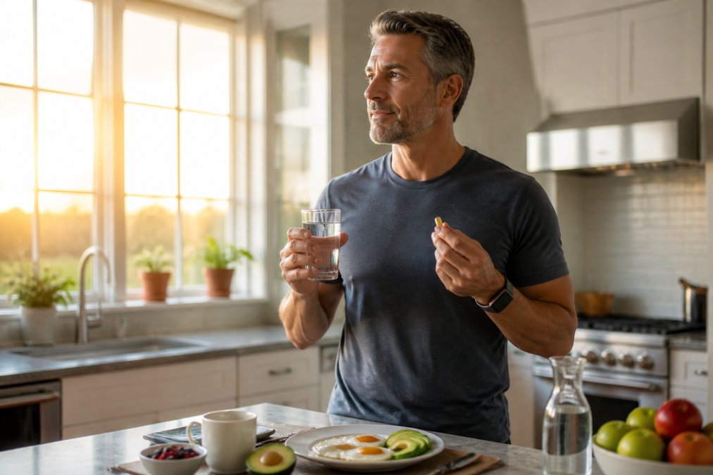 A person in their 40s standing in a bright kitchen at sunrise, holding a glass of water and a small supplement capsule, with a healthy breakfast of eggs and avocado on the counter