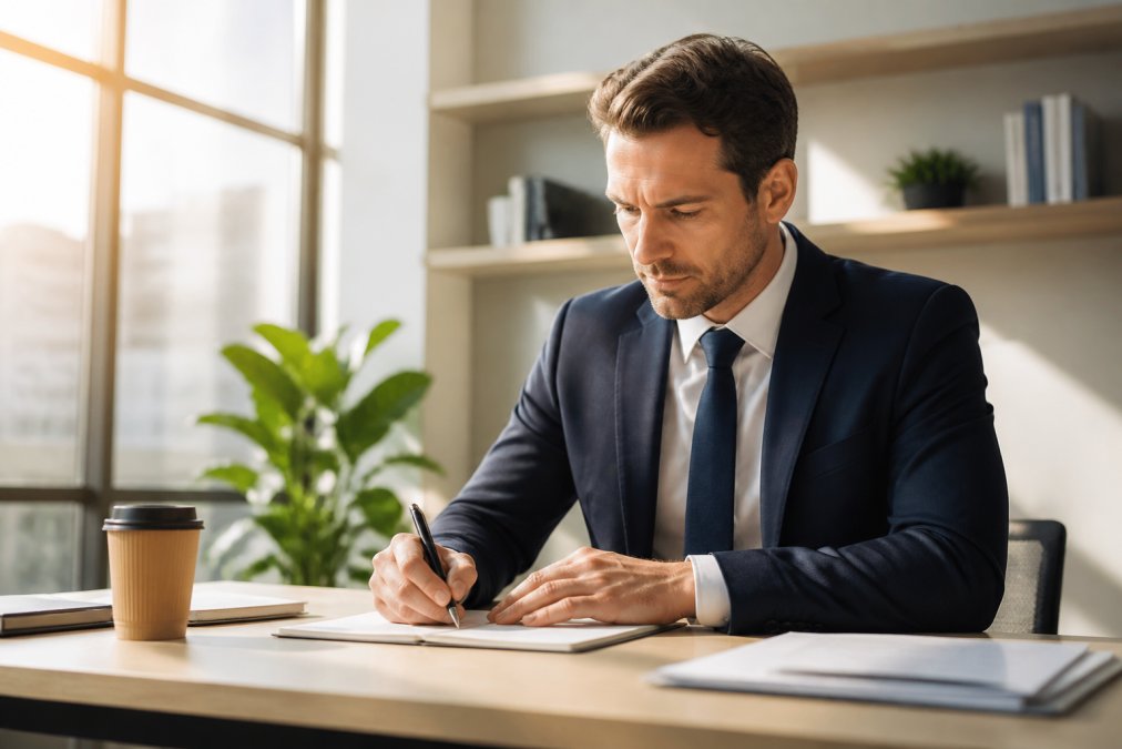 Professional in business attire working at desk with sharp focus and energy, morning sunlight streaming through office windows, coffee cup nearby, appearing alert and productive